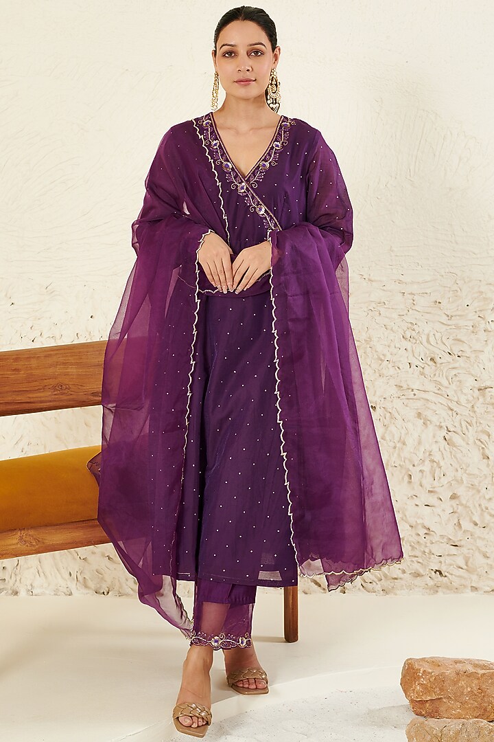 Purple Chanderi Embroidered Kurta Set by Flamingo - the label at Pernia's Pop Up Shop