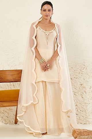 Ivory Chanderi Gharara Set by Flamingo - the label