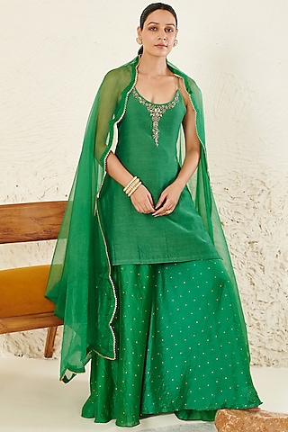 Green Chanderi Gharara Set by Flamingo - the label