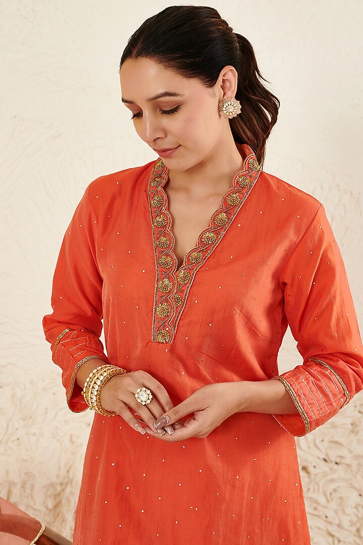 Orange Chanderi Embroidered Kurta Set by Flamingo - the label at Pernia's Pop Up Shop