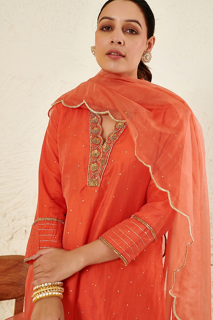 Orange Chanderi Embroidered Kurta Set by Flamingo - the label at Pernia's Pop Up Shop