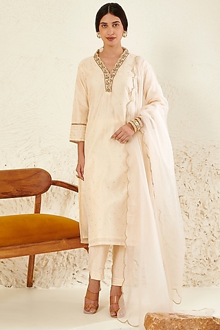 Ivory Chanderi Embroidered Kurta Set by Flamingo - the label