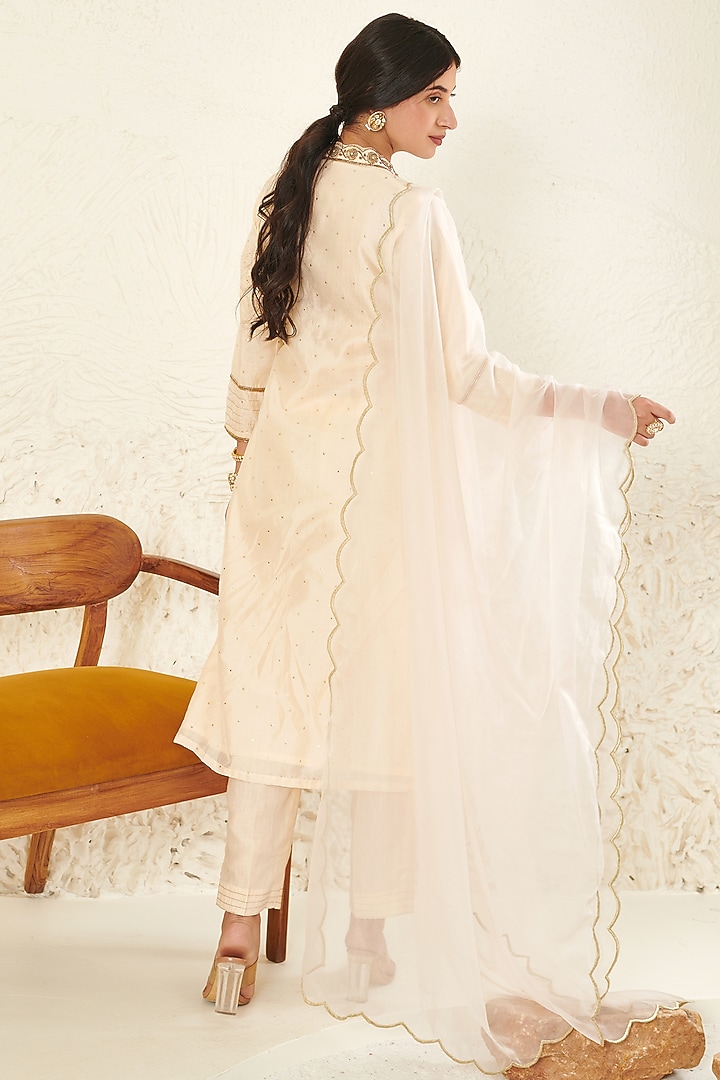 Ivory Chanderi Embroidered Kurta Set by Flamingo - the label at Pernia's Pop Up Shop