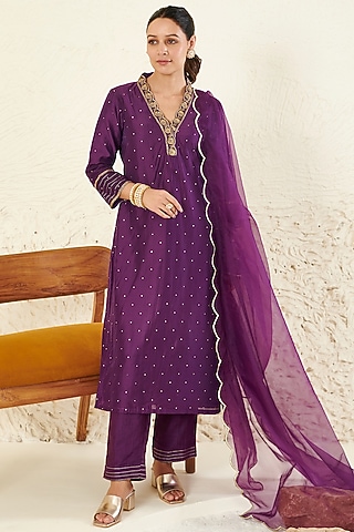 Purple Chanderi Embroidered Kurta Set by Flamingo - the label