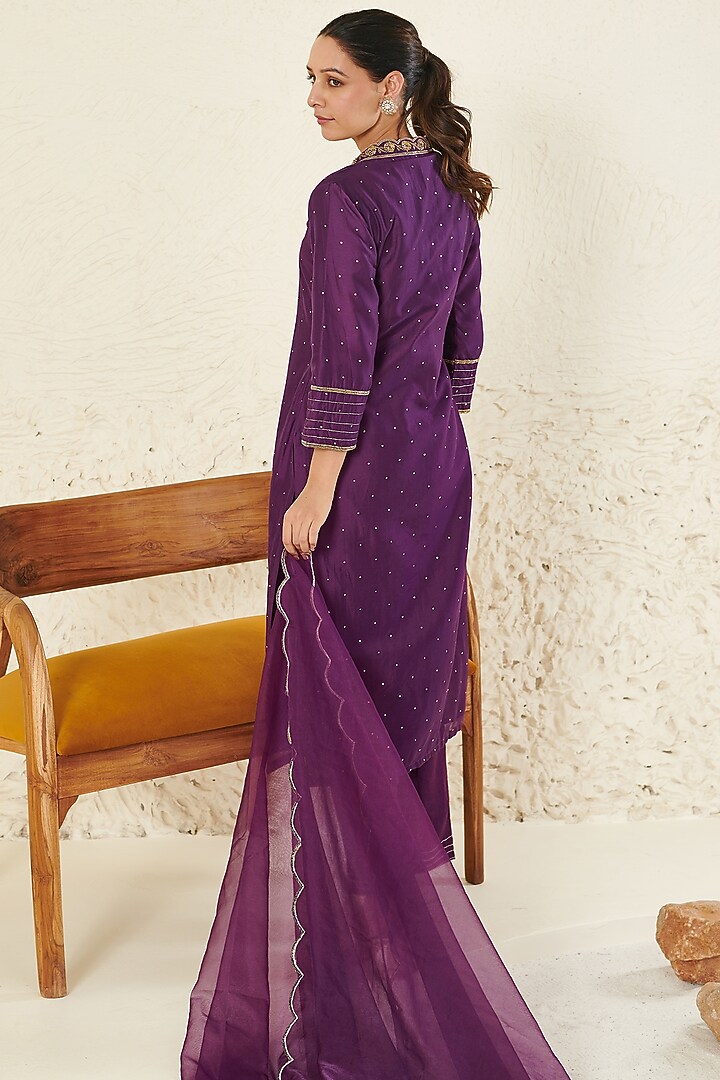 Purple Chanderi Embroidered Kurta Set by Flamingo - the label at Pernia's Pop Up Shop