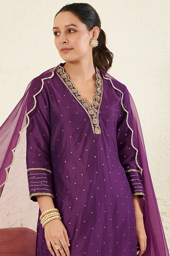 Purple Chanderi Embroidered Kurta Set by Flamingo - the label at Pernia's Pop Up Shop