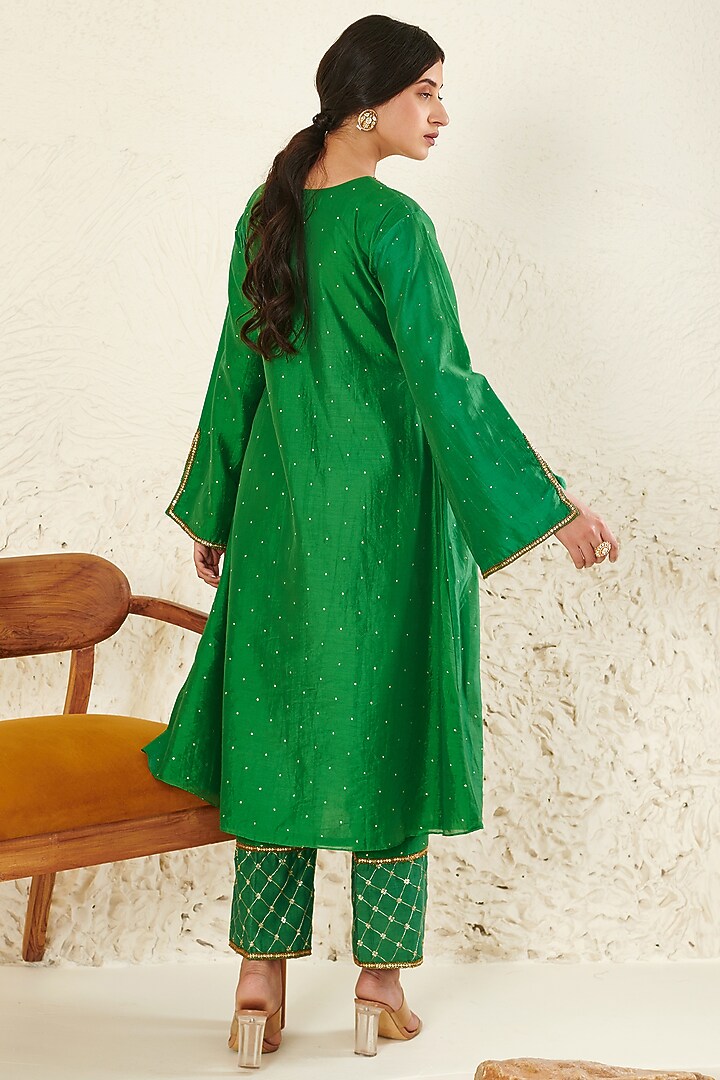 Green Chanderi Embroidered Kurta Set by Flamingo - the label at Pernia's Pop Up Shop