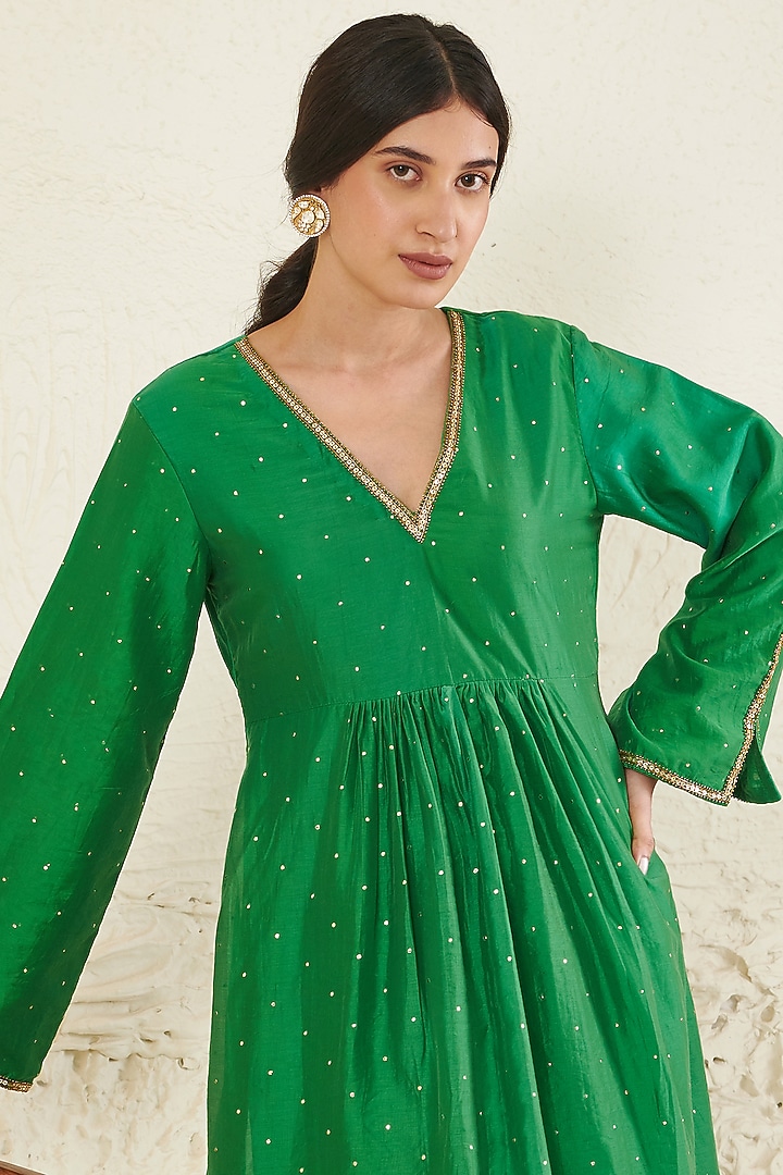 Green Chanderi Embroidered Kurta Set by Flamingo - the label at Pernia's Pop Up Shop