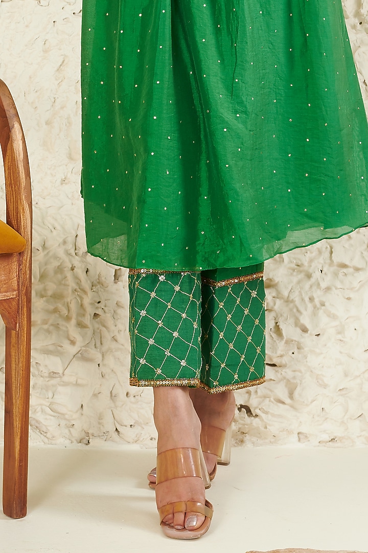 Green Chanderi Embroidered Kurta Set by Flamingo - the label at Pernia's Pop Up Shop