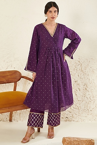Purple Chanderi Embroidered Kurta Set by Flamingo - the label