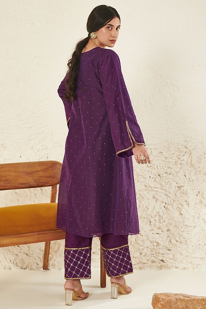 Purple Chanderi Embroidered Kurta Set by Flamingo - the label at Pernia's Pop Up Shop