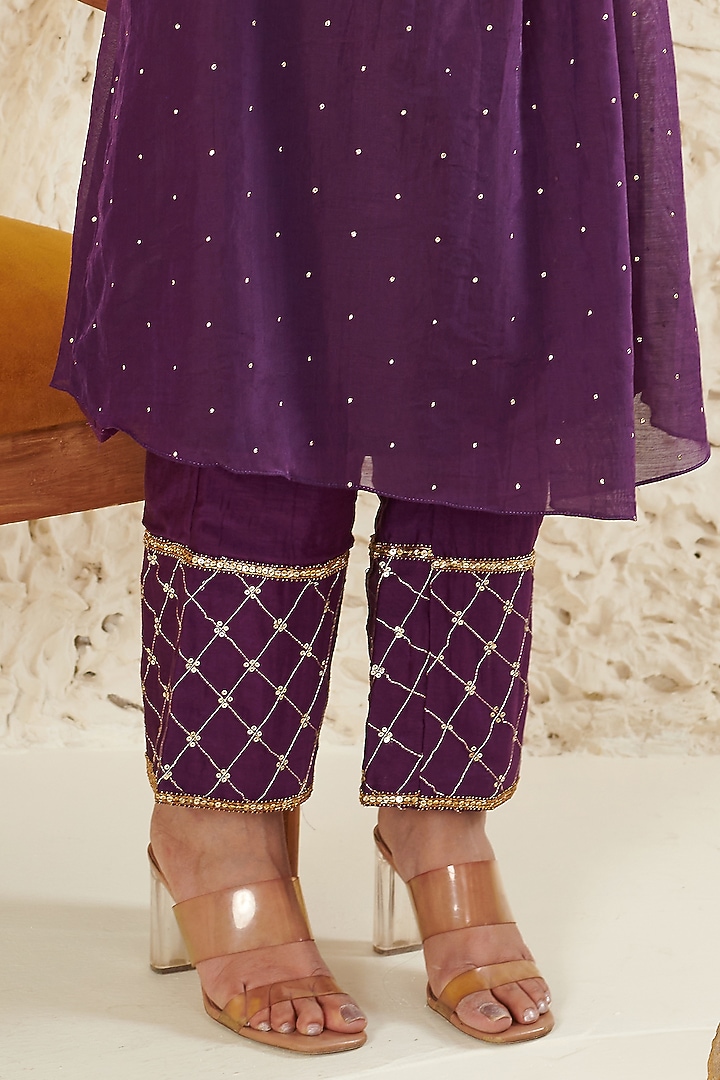 Purple Chanderi Embroidered Kurta Set by Flamingo - the label at Pernia's Pop Up Shop