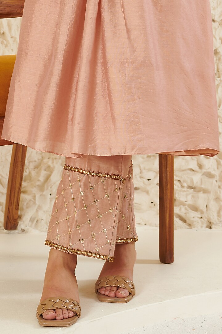 Peach Chanderi Embroidered Kurta Set by Flamingo - the label at Pernia's Pop Up Shop