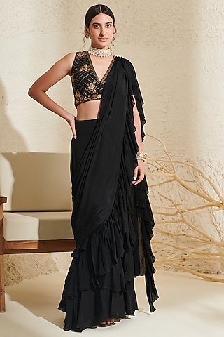 Black Chiffon Pre-Stitched Ruffled Saree Set by Flamingo - the label