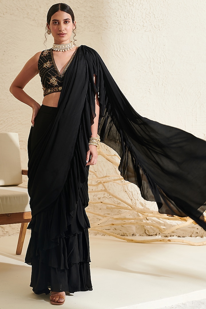 Black Chiffon Pre-Stitched Ruffled Party Wear Saree Set by Flamingo - the label at Pernia's Pop Up Shop