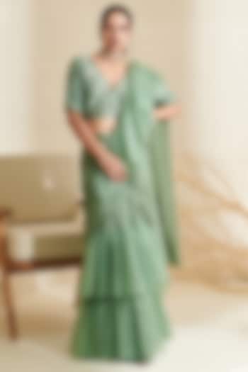 Sage Green Chiffon & Organza Ruffled Party Wear Saree Set by Flamingo - the label at Pernia's Pop Up Shop