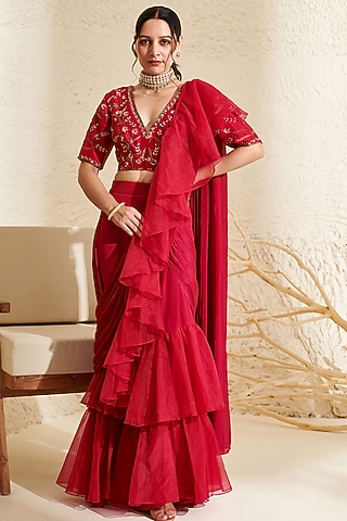 Magenta Chiffon & Organza Ruffled Saree Set by Flamingo - the label