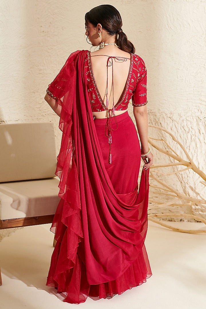 Magenta Chiffon & Organza Ruffled Party Wear Saree Set by Flamingo - the label at Pernia's Pop Up Shop