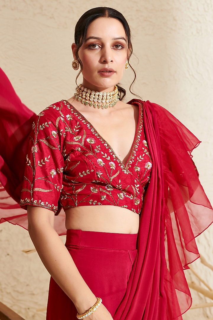 Magenta Chiffon & Organza Ruffled Party Wear Saree Set by Flamingo - the label at Pernia's Pop Up Shop