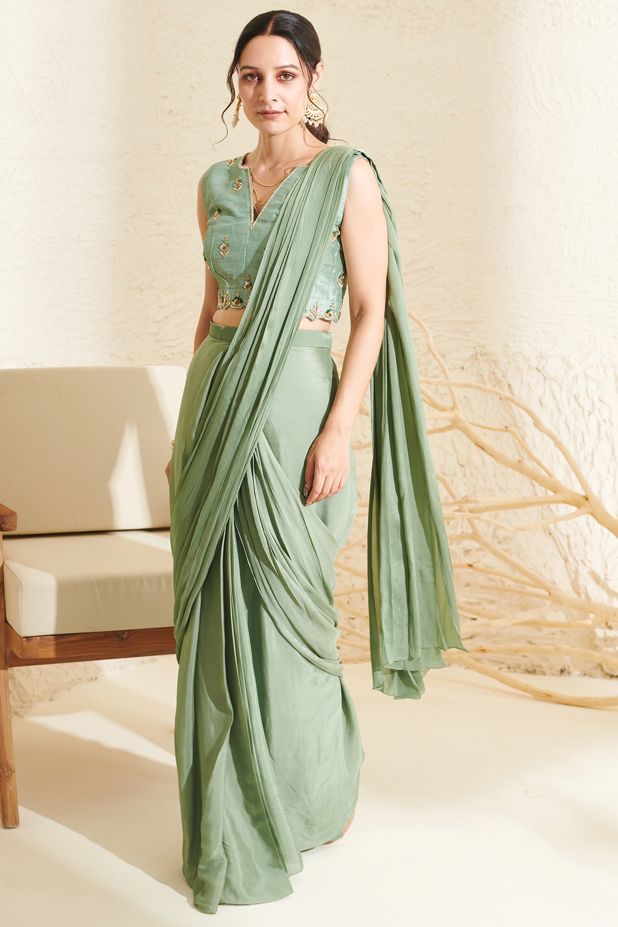 Sage green sequin embroidered saree and blouse set – Sohni