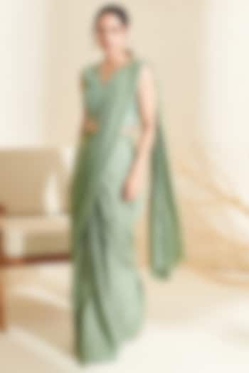 Sage Green Chiffon Pleated Saree Set by Flamingo - the label at Pernia's Pop Up Shop