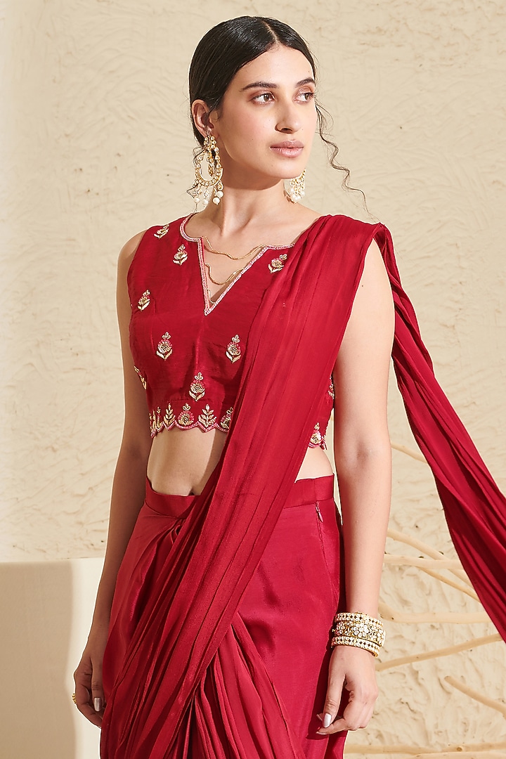Magenta Chiffon Pleated Party Wear Saree Set by Flamingo - the label at Pernia's Pop Up Shop