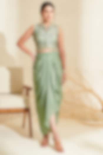 Green Chiffon Draped Skirt Set by Flamingo - the label