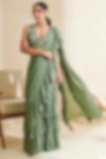 Sage Green Chiffon Hand Embroidered Pre-Stitched Ruffles Saree Set by Flamingo - the label