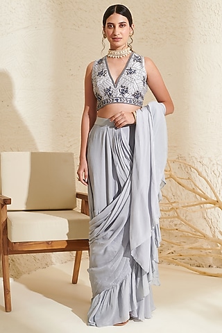 Grey Chiffon Hand Embroidered Pre-Stitched Ruffles Saree Set by Flamingo - the label