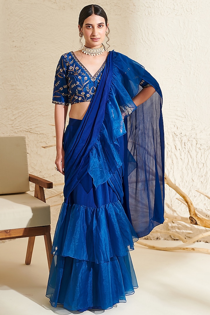 Blue Chiffon Hand Embroidered Ruffles Saree Set by Flamingo - the label