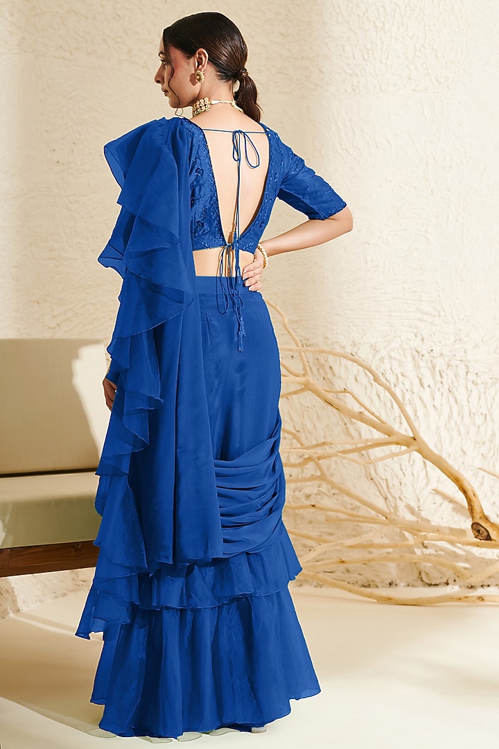 Blue Chiffon Hand Embroidered Ruffles Party Wear Saree Set by Flamingo - the label at Pernia's Pop Up Shop