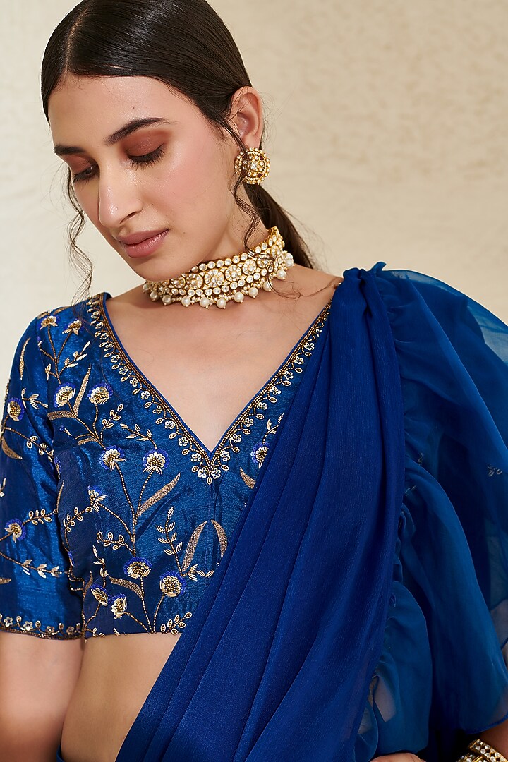 Blue Chiffon Hand Embroidered Ruffles Party Wear Saree Set by Flamingo - the label at Pernia's Pop Up Shop