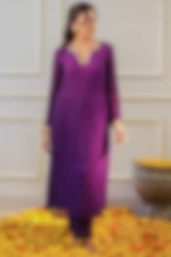 Purple Sequins Georgette Hand Embroidered A-Line Kurta Set by Flamingo - the label at Pernia's Pop Up Shop