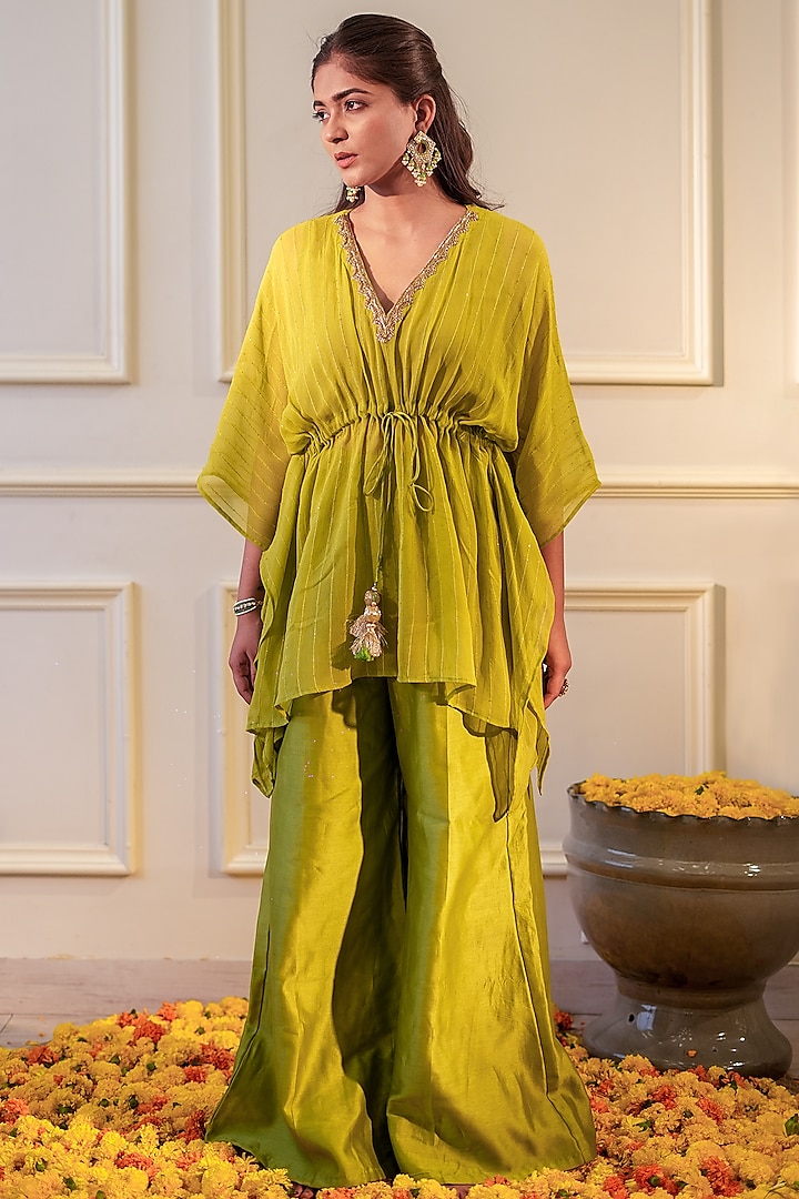 Lime Green Sequins Georgette Hand Embroidered Kaftan Set by Flamingo - the label at Pernia's Pop Up Shop