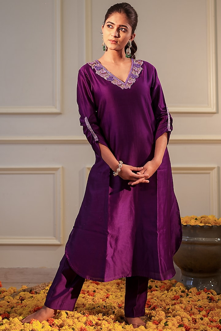 Purple Chanderi SIlk Beads Embroidered Kurta Set by Flamingo - the label at Pernia's Pop Up Shop