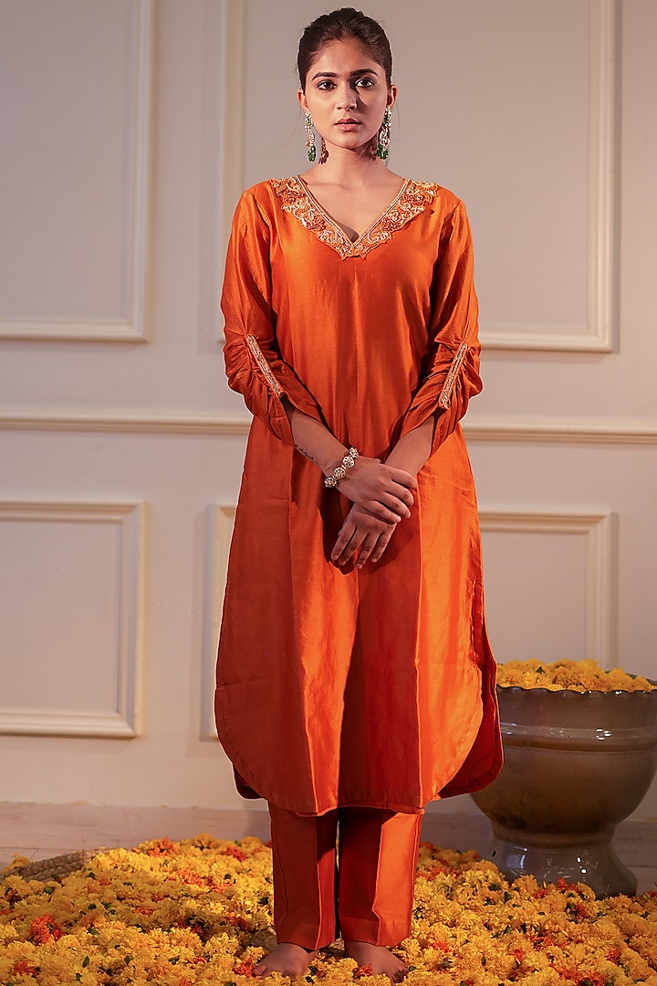 Burnt Orange Chanderi SIlk Beads Embroidered Kurta Set by Flamingo - the label at Pernia's Pop Up Shop