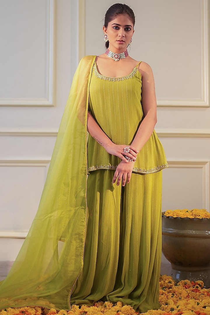 Lime Green Sequins Georgette Hand Embroidered A-Line Short Kurta Set by Flamingo - the label at Pernia's Pop Up Shop