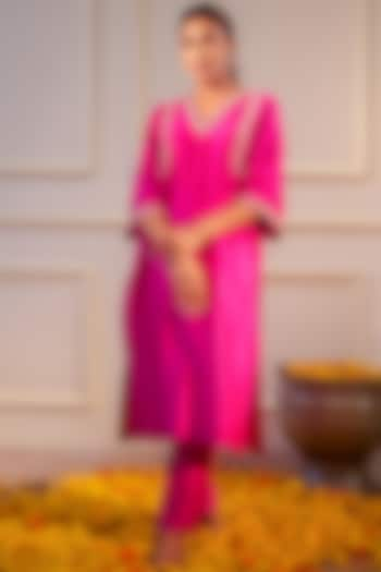 Hot Pink Chanderi Silk Mirror Hand Embroidered Kurta Set by Flamingo - the label at Pernia's Pop Up Shop