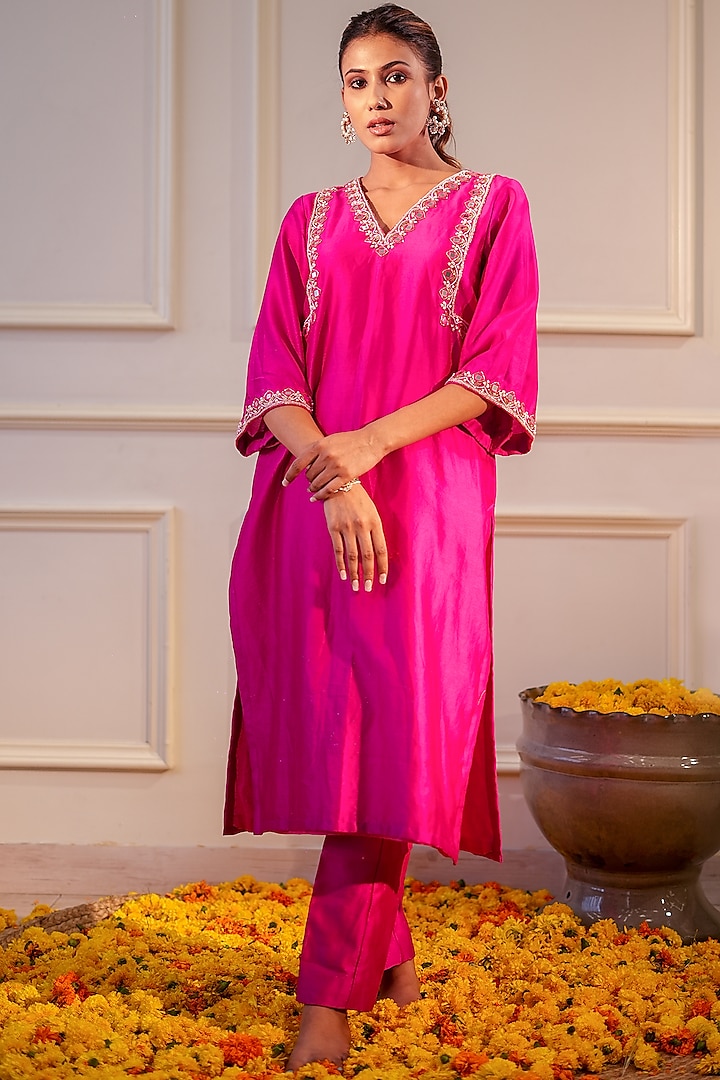 Hot Pink Chanderi Silk Mirror Hand Embroidered Kurta Set by Flamingo - the label at Pernia's Pop Up Shop