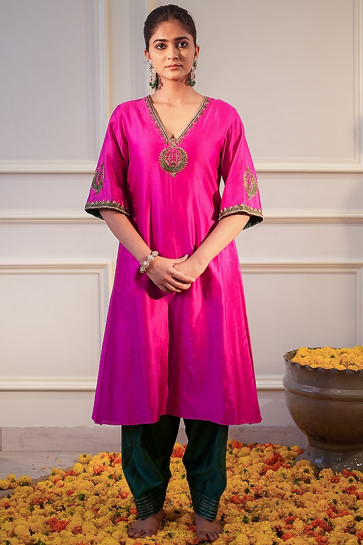 Hot Pink Chanderi Silk Applique Embroidered A-Line Kurta Set by Flamingo - the label at Pernia's Pop Up Shop