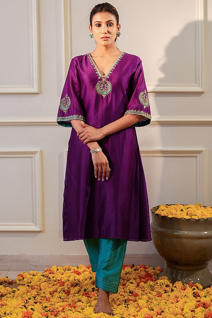 Purple Chanderi Silk Applique Embroidered A-Line Kurta Set by Flamingo - the label at Pernia's Pop Up Shop