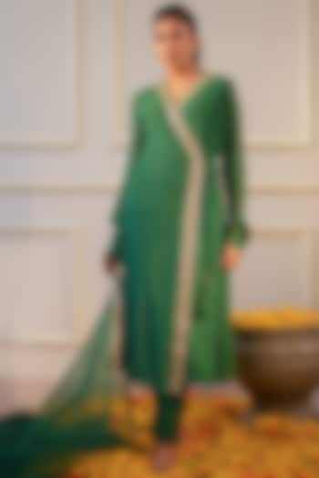 Bottle Green Sequins Georgette Sequins Embroidered Angrakha Kurta Set by Flamingo - the label