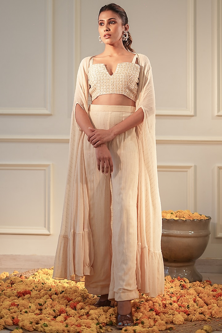 Ivory Sequins Georgette Sequins Embroidered Cape Set by Flamingo - the label at Pernia's Pop Up Shop