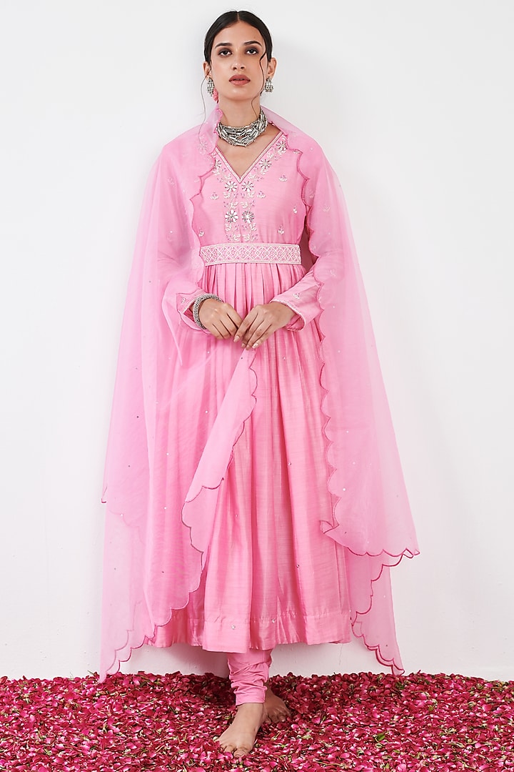 Baby Pink Embroidered Anarkali Set by Flamingo - the label