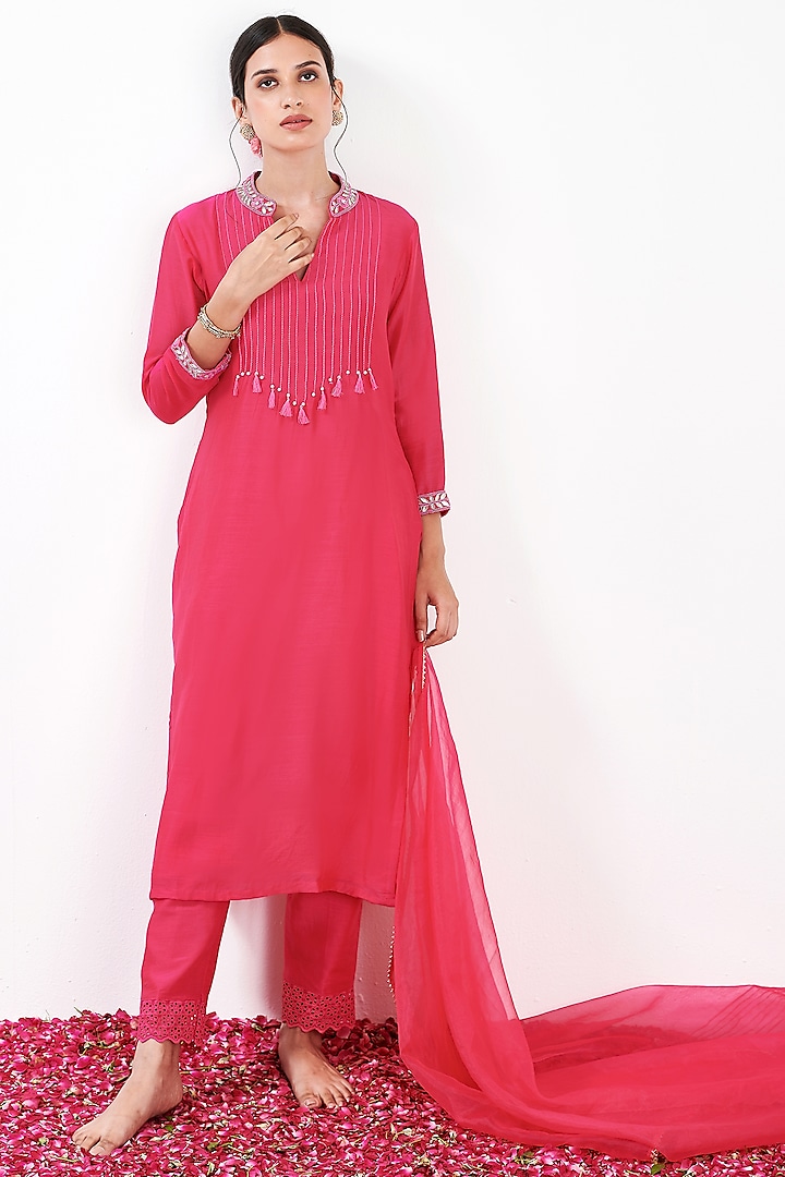 Hot Pink Embroidered Straight Kurta Set by Flamingo - the label