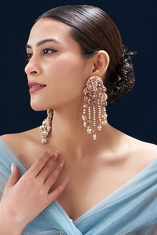 Resham & Moti Hand Embroidered Dangler Earrings by Fooljhadi
