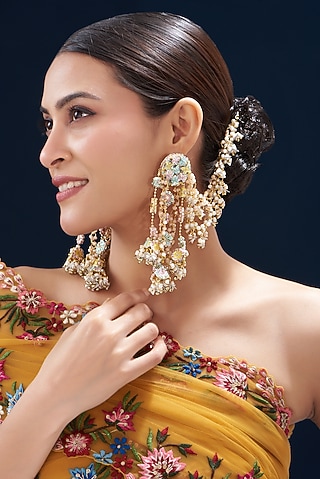 Moti & Dabka Hand Embroidered Dangler Earrings by Fooljhadi