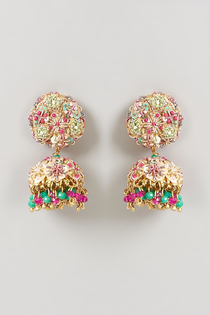 Gold Finish Hand Embroidered Earrings by Fooljhadi at Pernia's Pop Up Shop