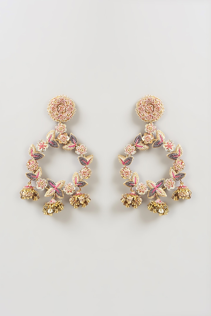 Gold Finish Hand Embroidered Earrings by Fooljhadi at Pernia's Pop Up Shop