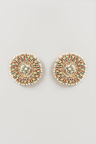 Gold Finish Earrings With Hand Embroidery by Fooljhadi